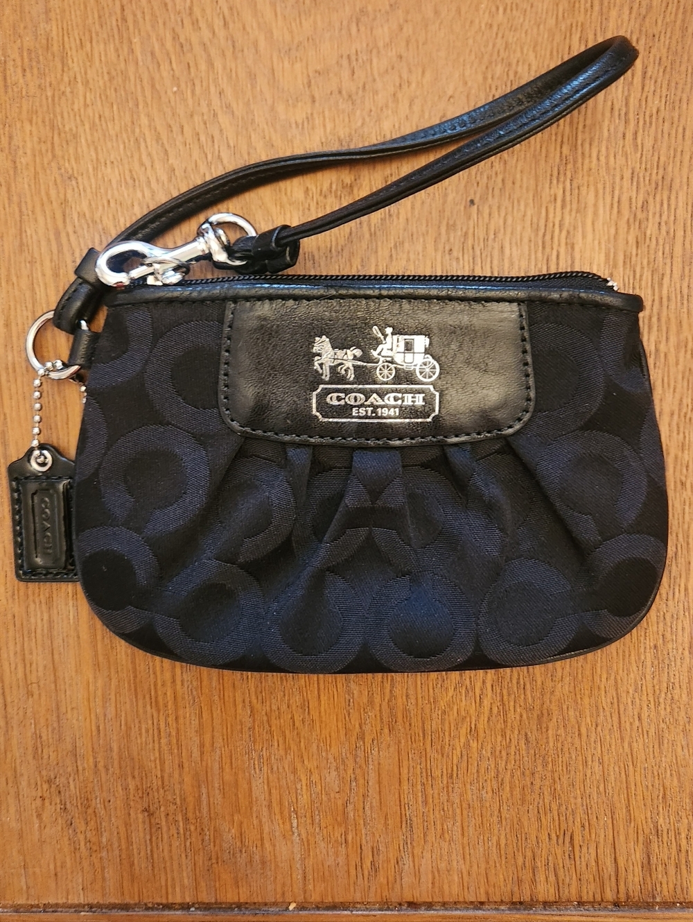 Coach Black Signature Wristlet with Leather Trim Purple Interior